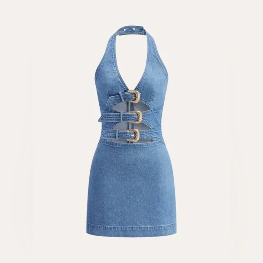 Commense Halter Neck Buckle Detail Denim Dress